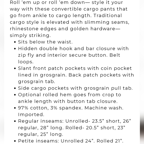 White House Black Market Convertible Ankle To Crop Cargo Pants In Color Bungalow - Picture 15 of 16